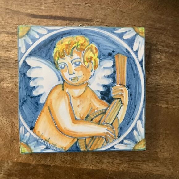 Vietri VALENTINE Italian wall tile first stones cherub winged musical angel - Picture 1 of 3